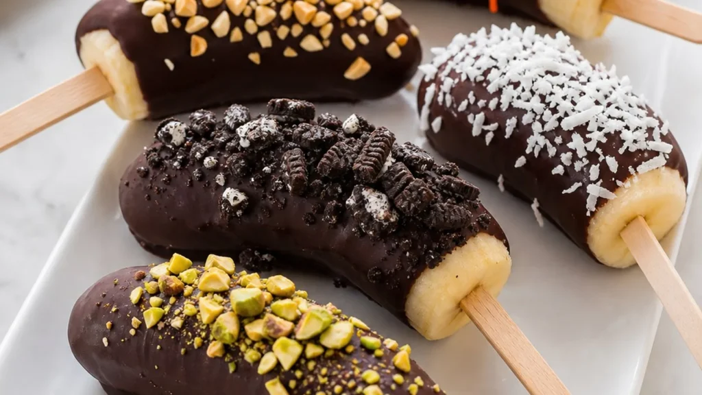 Chocolate-covered frozen banana pops decorated with nuts, sprinkles, coconut, cookie crumbs, and pistachios