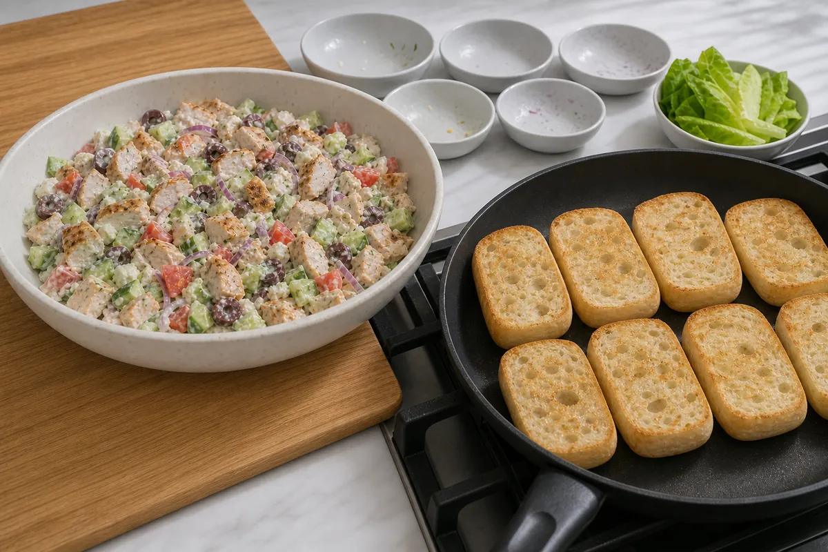 Toast the rolls for Chopped Greek Chicken Sandwich