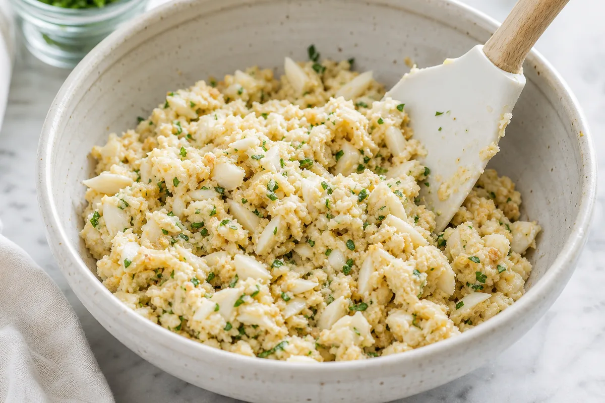 Mix gently for Crab Cake Summer Salad