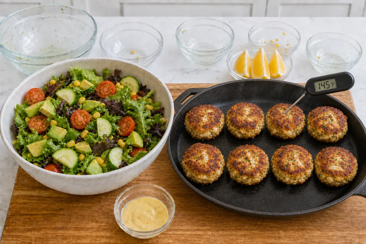 Sear the crab cakes for Crab Cake Summer Salad
