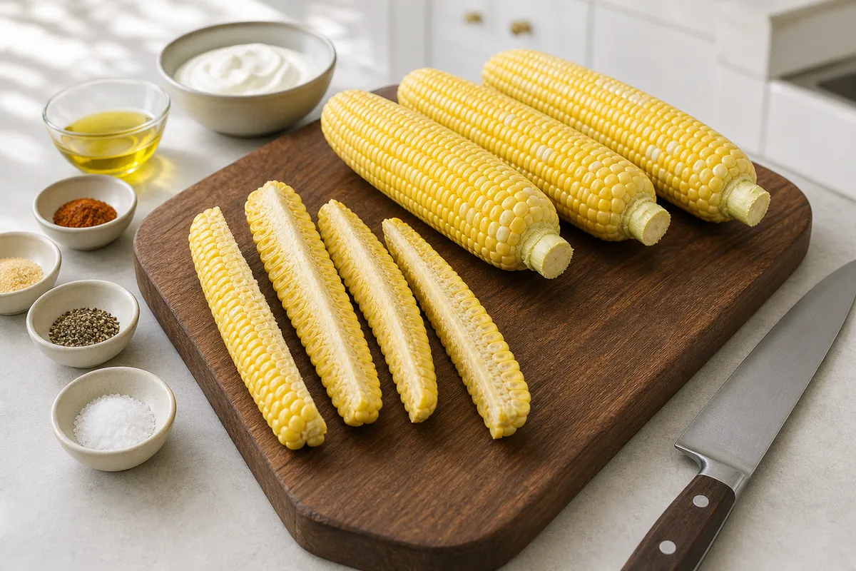 Cut the corn safely for Crispy Air Fryer Corn Ribs
