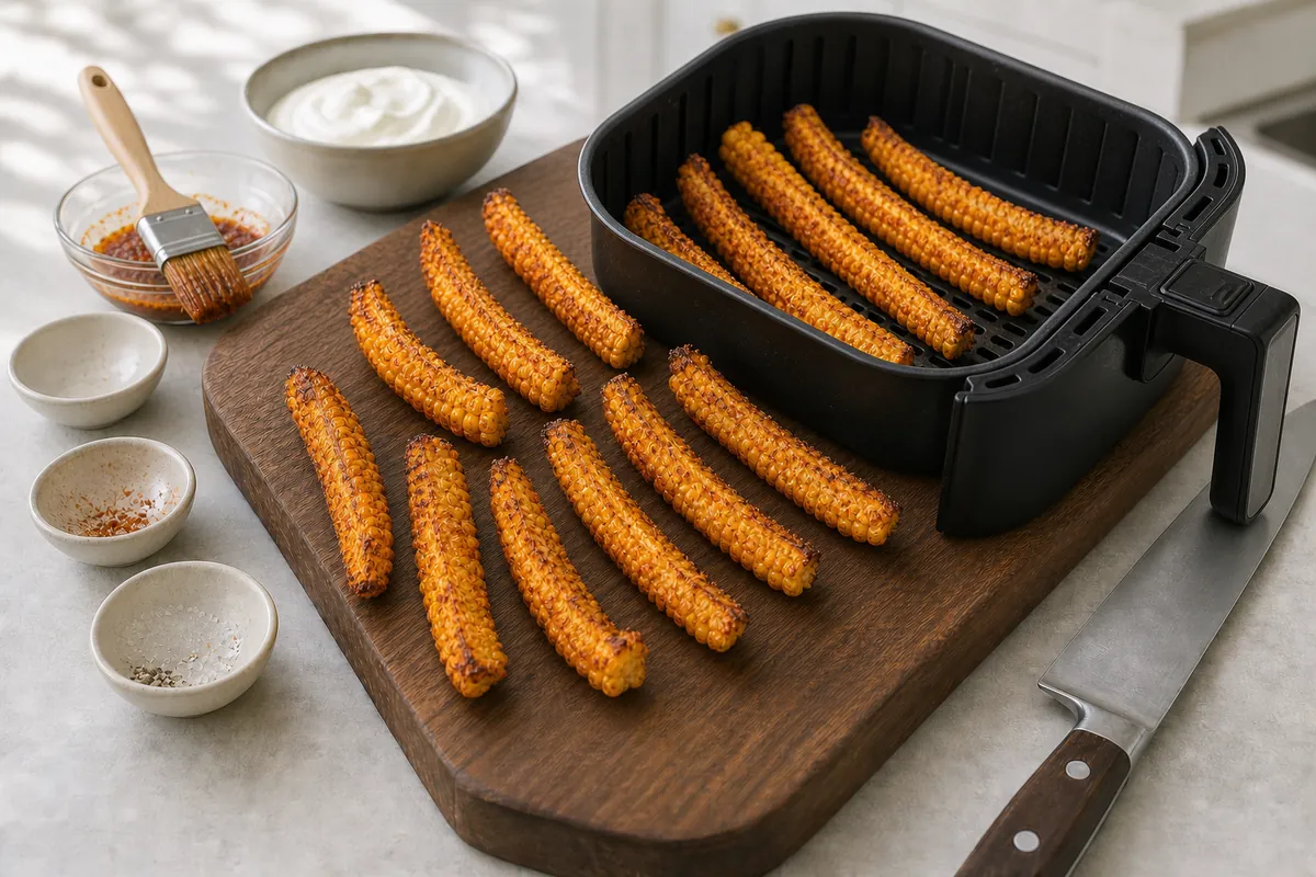 Air fry until curled for Crispy Air Fryer Corn Ribs