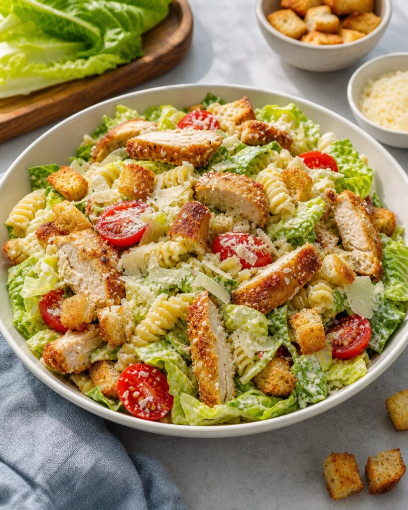 Finished Crispy Chicken Caesar Pasta Salad ready to serve