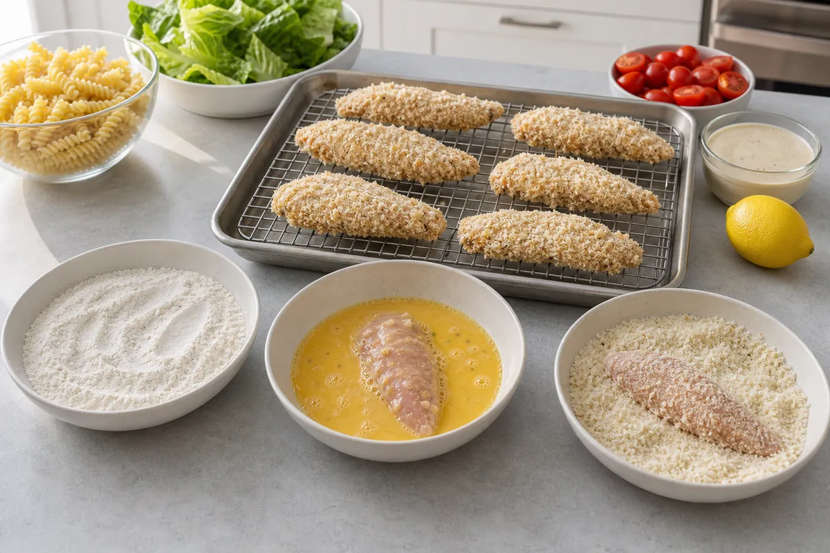 Bread the chicken for Crispy Chicken Caesar Pasta Salad