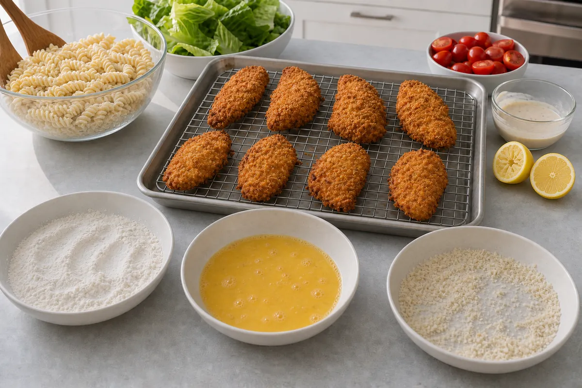 Season the pasta for Crispy Chicken Caesar Pasta Salad