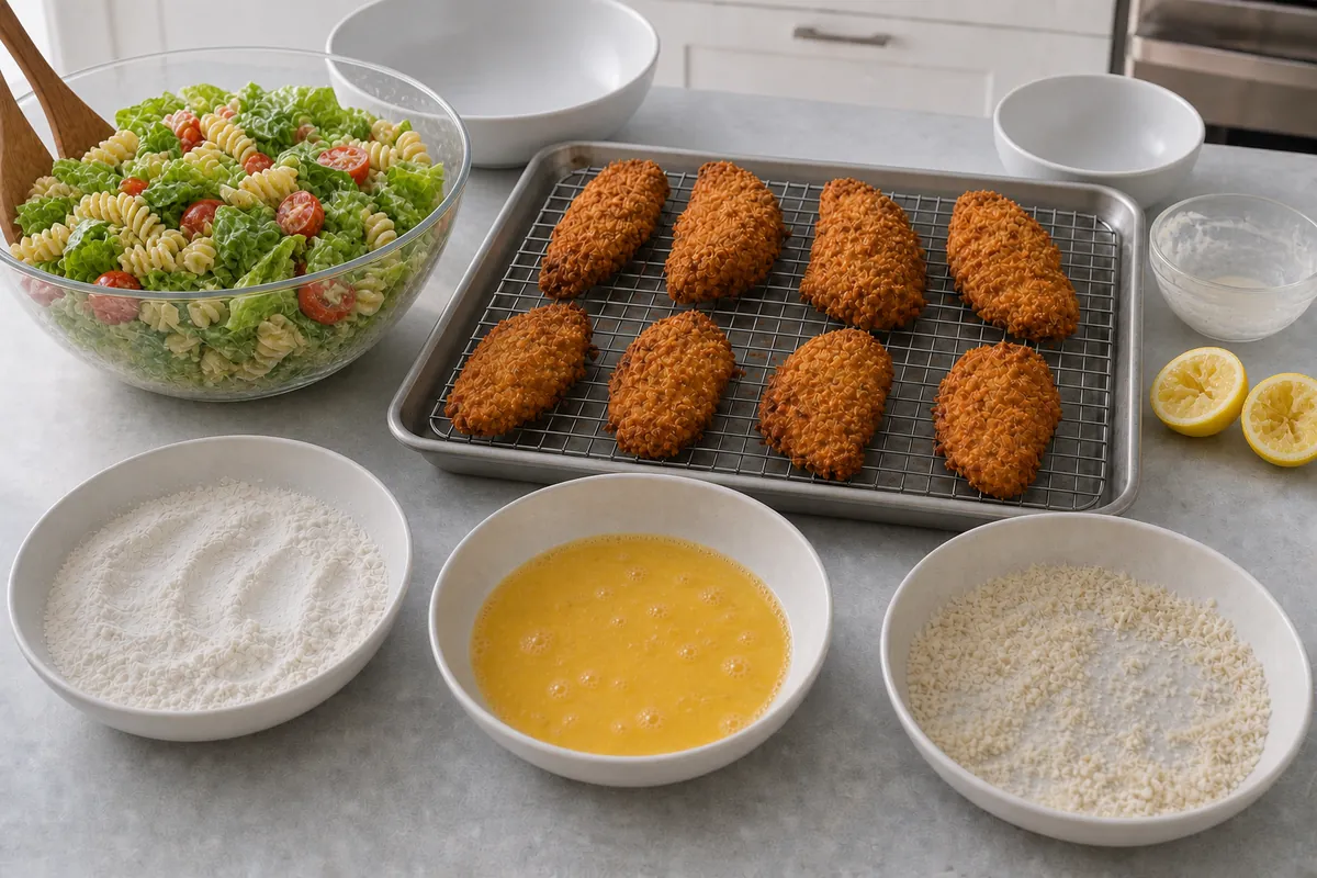 Combine the salad for Crispy Chicken Caesar Pasta Salad
