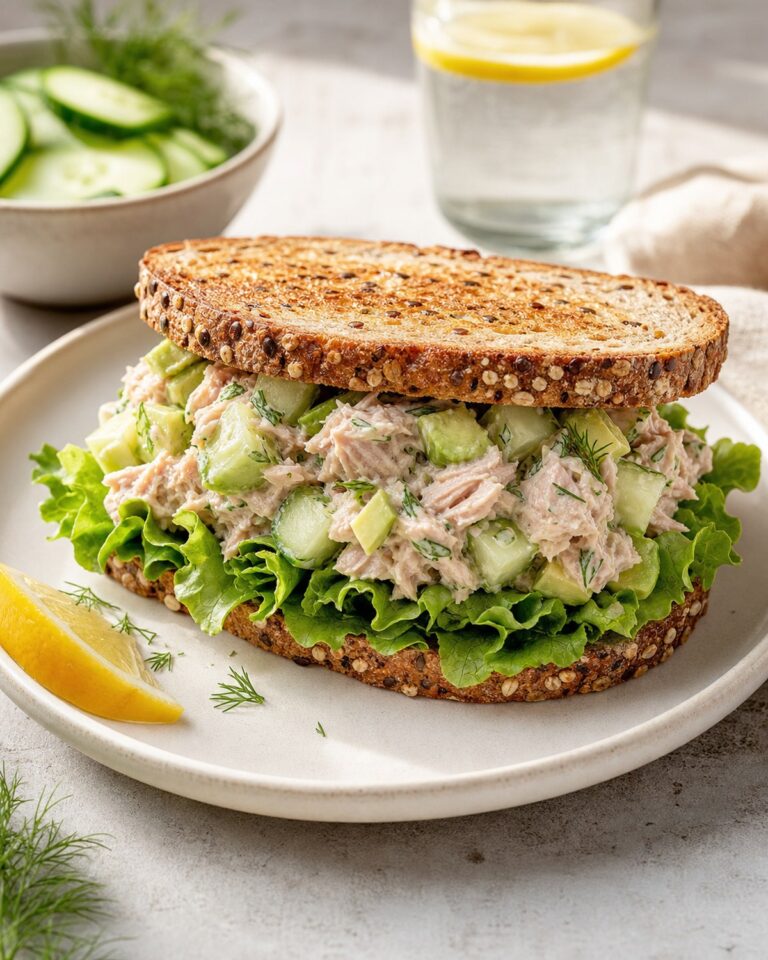 Whole-grain tuna sandwich with avocado, cucumber, lettuce, and fresh dill