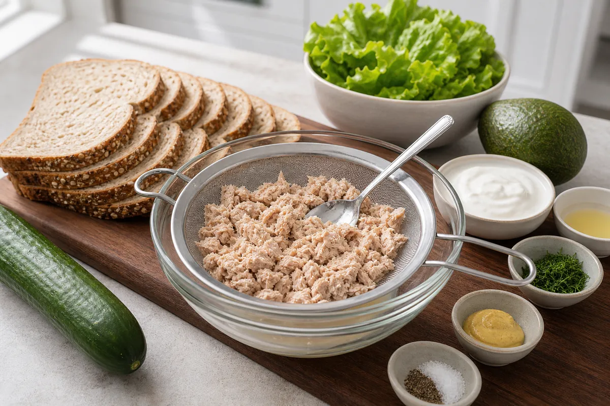 Drain the tuna for Cucumber Avocado Tuna Sandwich