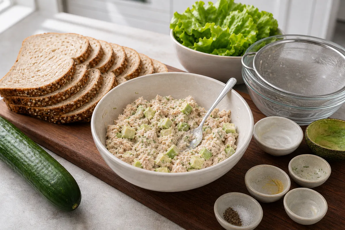 Fold the filling for Cucumber Avocado Tuna Sandwich