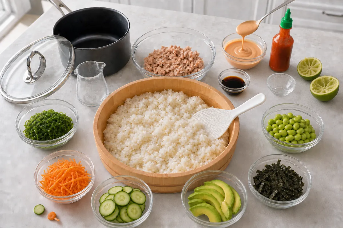 Make the spicy mayo for Easy Canned Tuna Poke Bowl