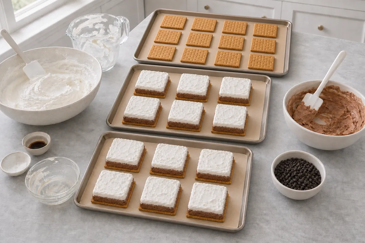 Add the marshmallow layer for Frozen S’mores Sandwiches