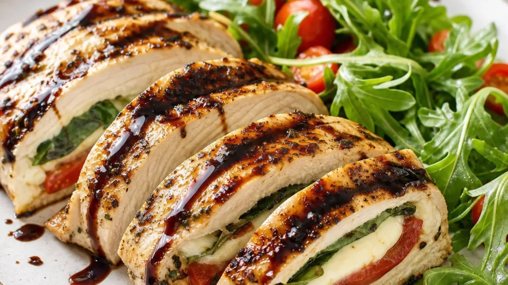 Finished Grilled Caprese Stuffed Chicken ready to serve