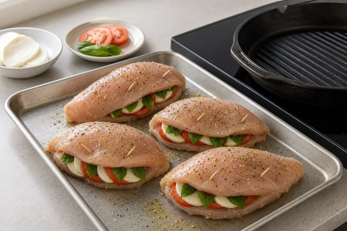 Fill the breasts for Grilled Caprese Stuffed Chicken