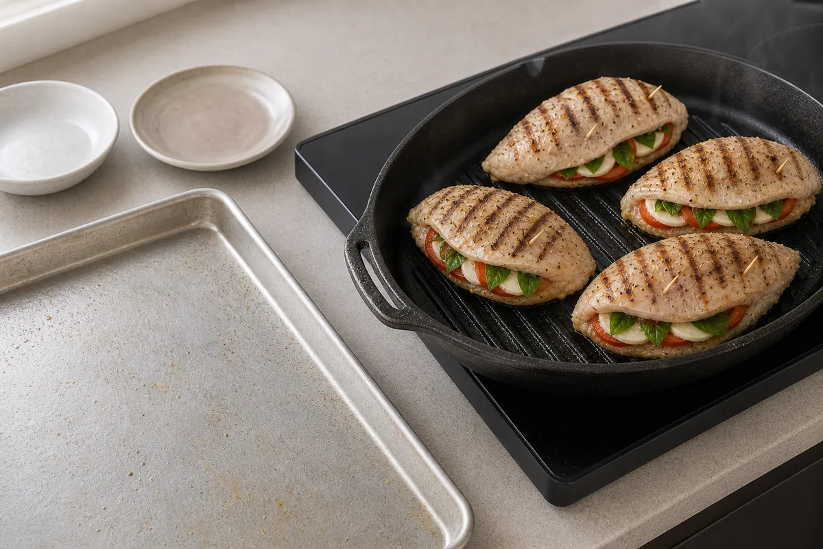 Grill the first side for Grilled Caprese Stuffed Chicken