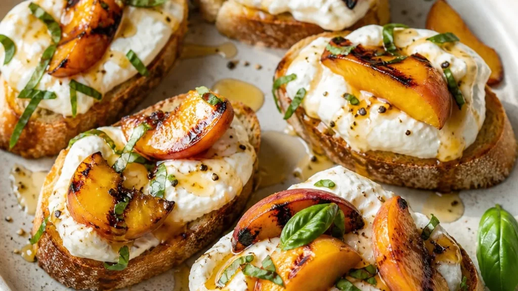 Finished Grilled Peach Burrata Crostini ready to serve