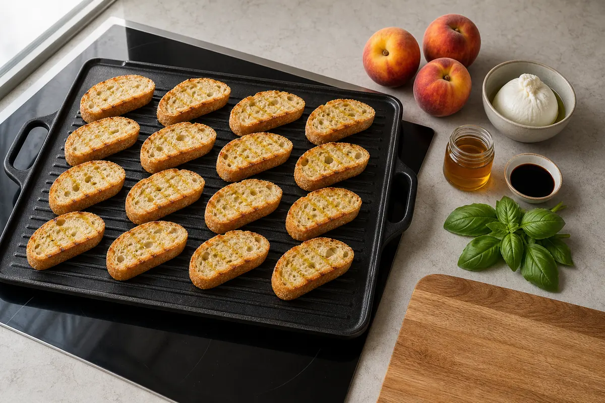 Toast the bread for Grilled Peach Burrata Crostini