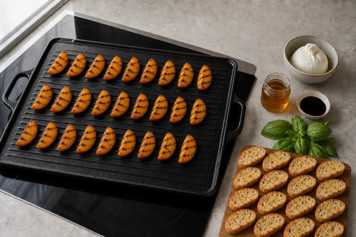 Grill the peaches for Grilled Peach Burrata Crostini