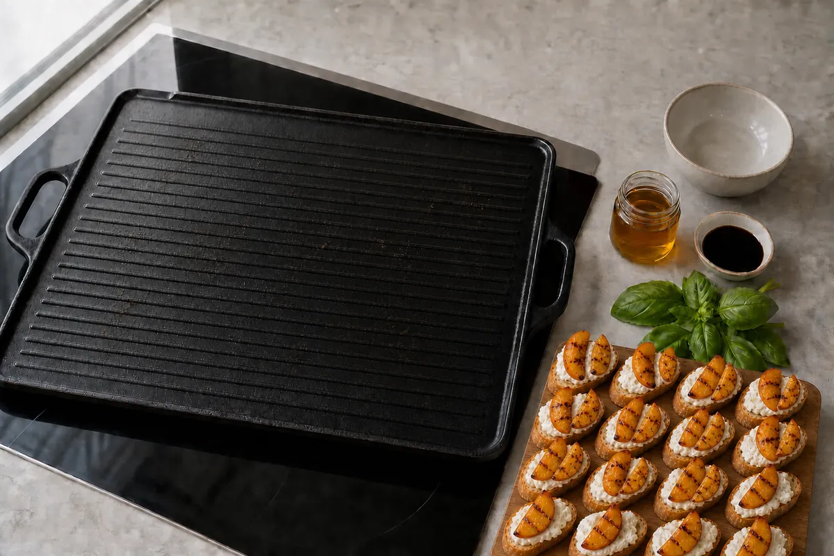 Assemble the crostini for Grilled Peach Burrata Crostini