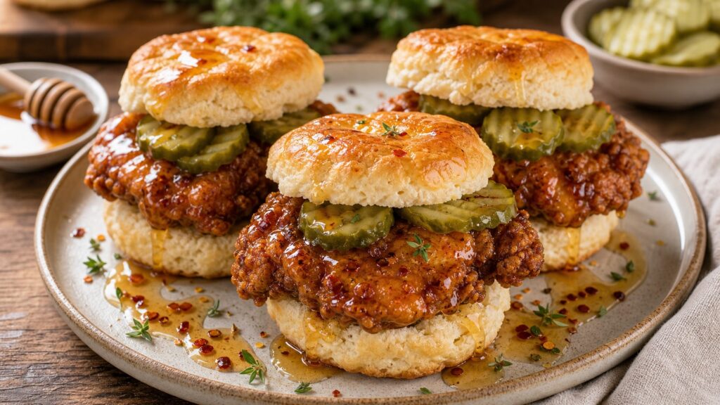 Hot Honey Chicken Biscuits recipe served fresh with a beautiful homemade presentation