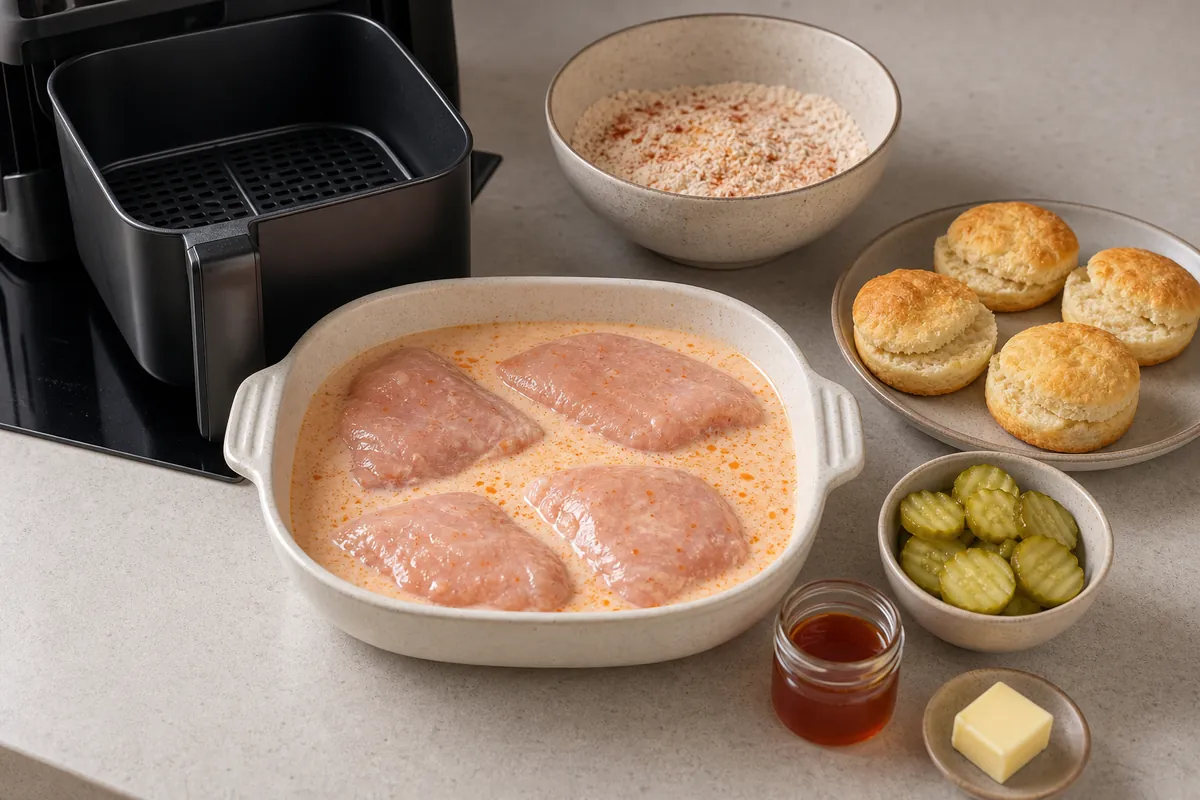 Marinate the chicken for Hot Honey Chicken Biscuits