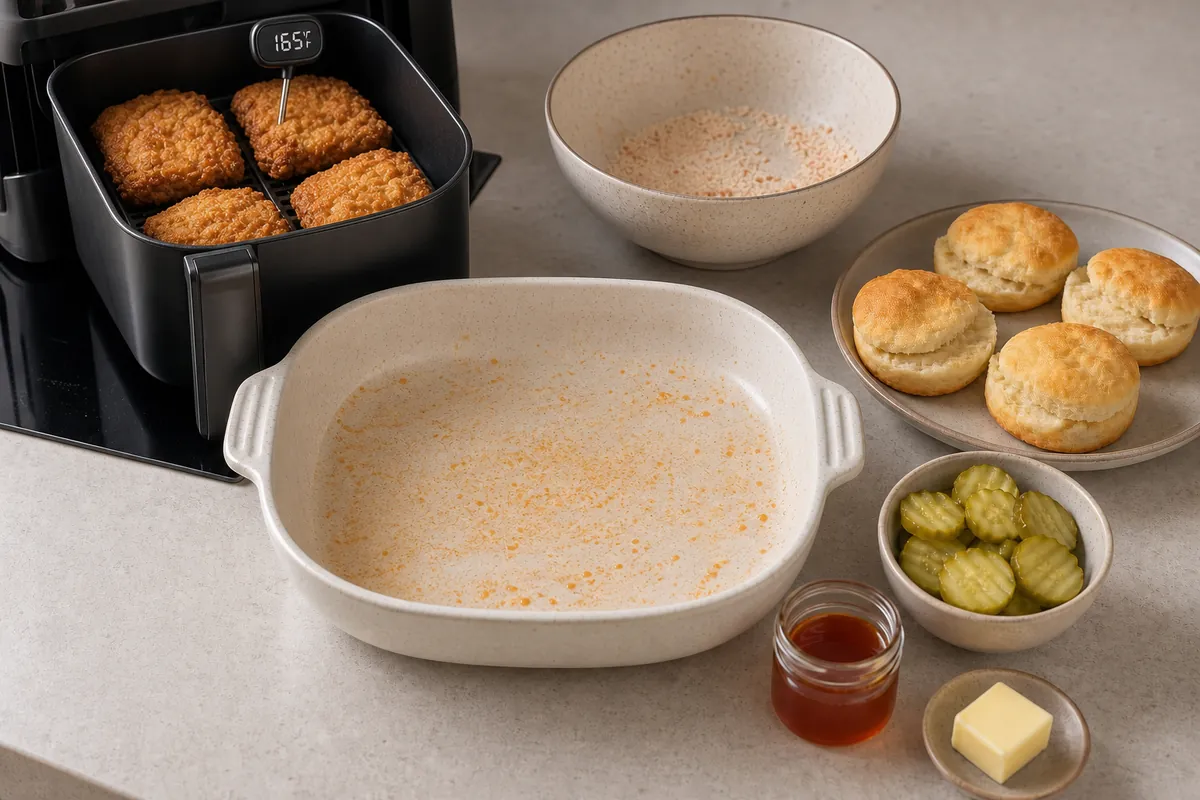 Cook until crisp for Hot Honey Chicken Biscuits