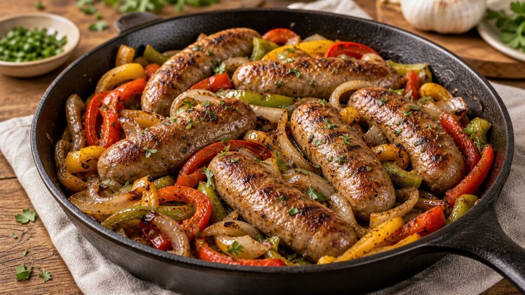 Italian Sausage Peppers and Onions recipe served fresh with a beautiful homemade presentation