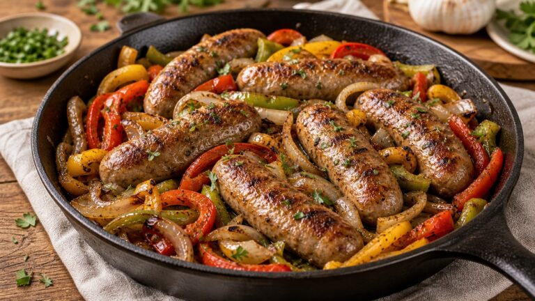 Italian Sausage Peppers and Onions recipe served fresh with a beautiful homemade presentation
