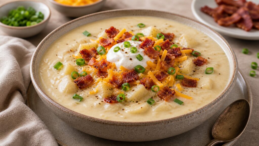 Loaded Baked Potato Soup recipe served fresh with a beautiful homemade presentation