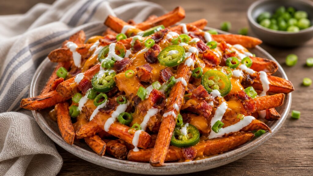 Loaded Sweet Potato Fries recipe served fresh with a beautiful homemade presentation