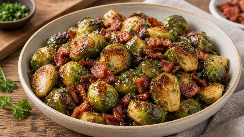 Maple Bacon Brussels Sprouts recipe served fresh with a beautiful homemade presentation