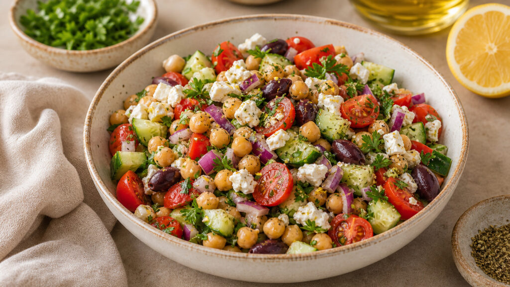 Mediterranean Chickpea Salad recipe served fresh with a beautiful homemade presentation