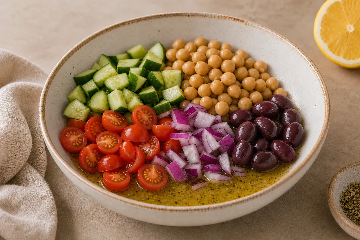 Add the vegetables for Mediterranean Chickpea Salad