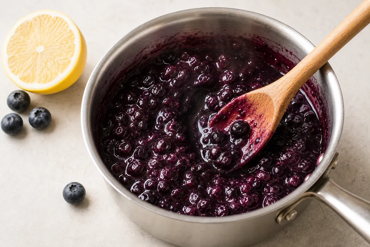 Cook the blueberry swirl for No-Bake Lemon Blueberry Cheesecake Bars