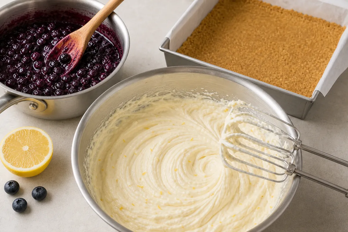 Prepare the cheesecake base for No-Bake Lemon Blueberry Cheesecake Bars
