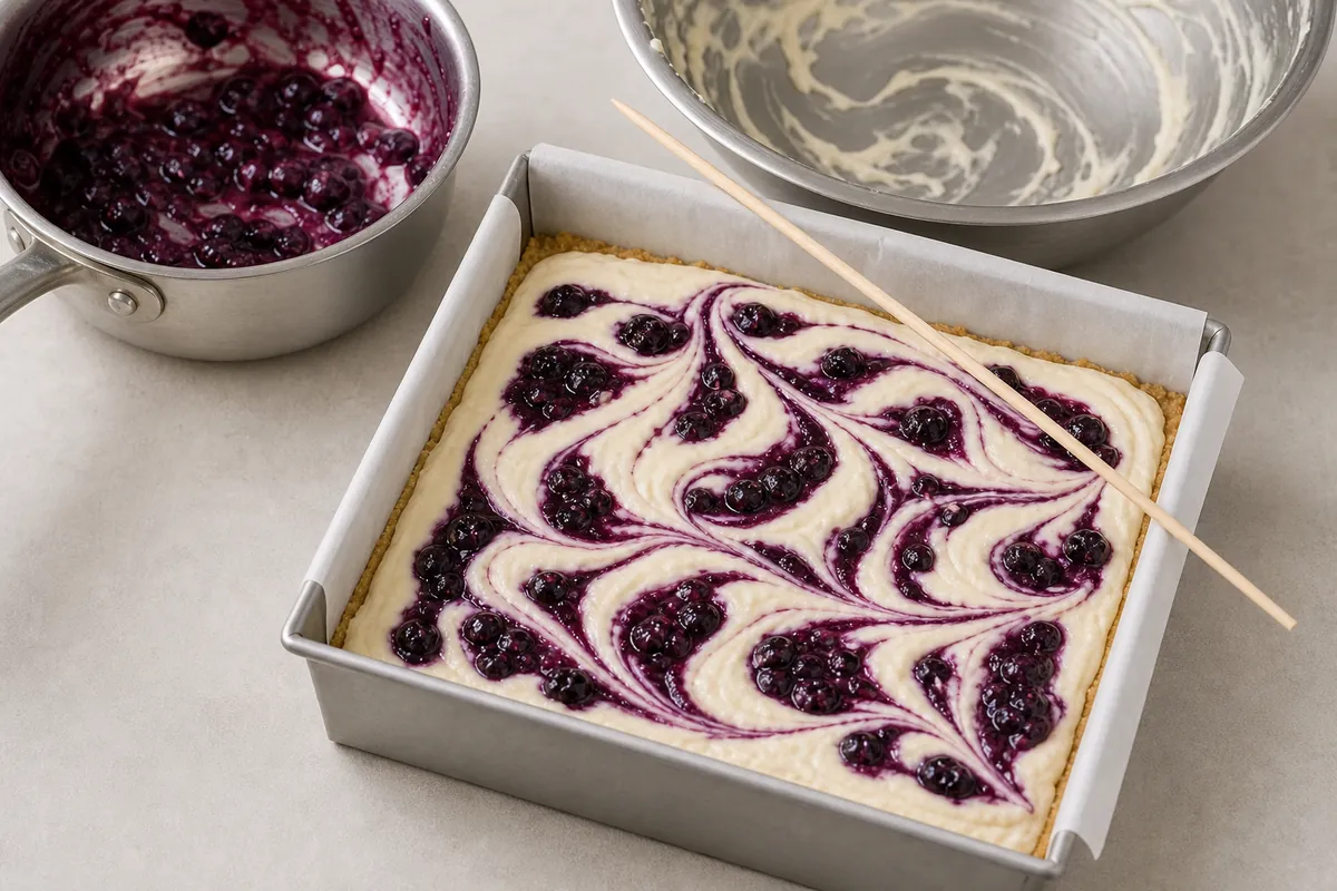 Layer and swirl for No-Bake Lemon Blueberry Cheesecake Bars