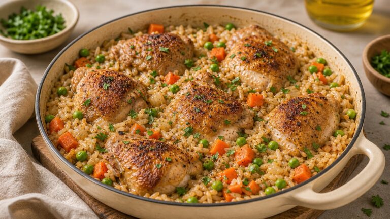 One Pot Chicken and Rice recipe served fresh with a beautiful homemade presentation