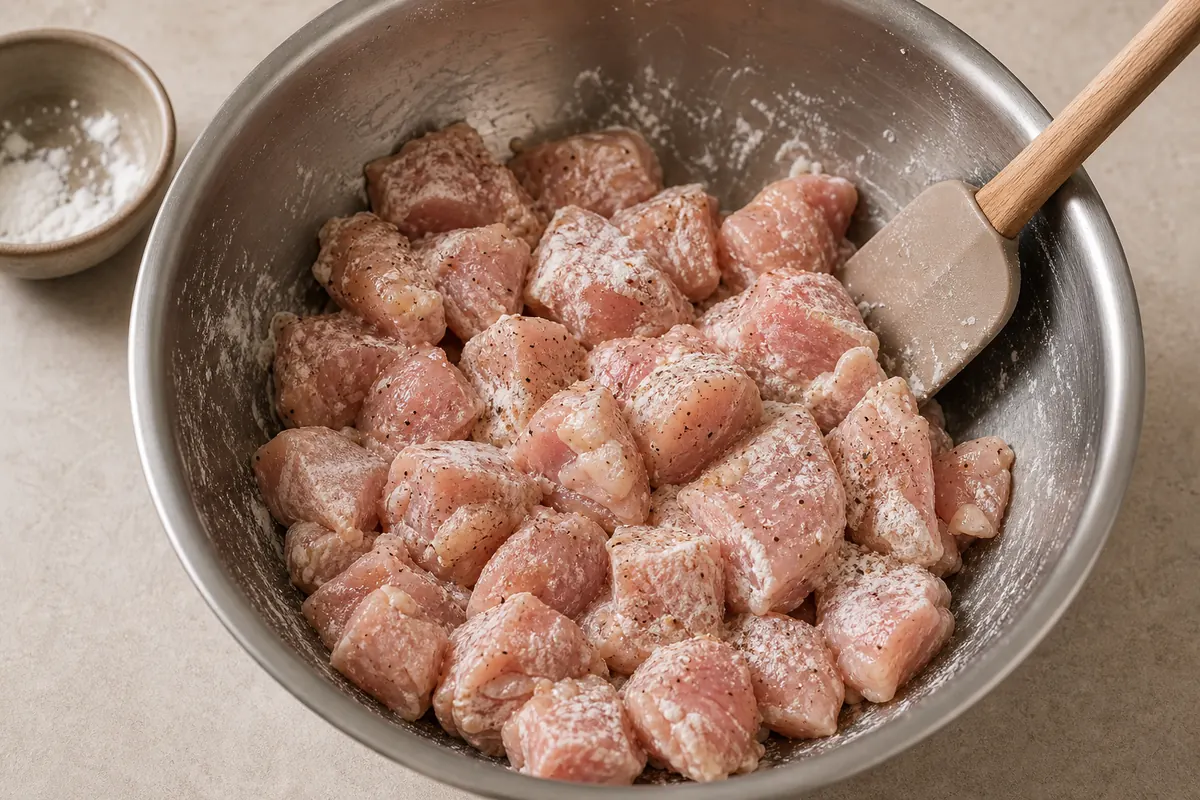 Coat the chicken for Orange Glazed Chicken