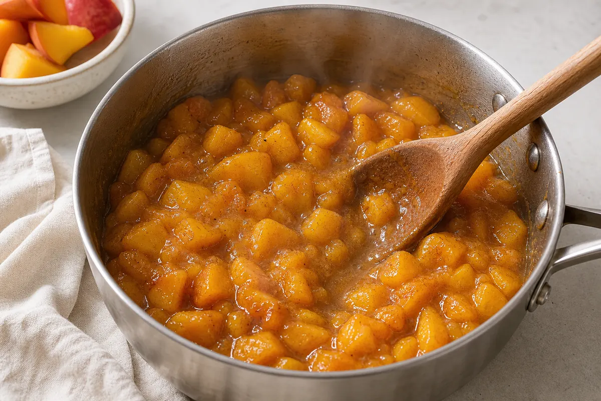 Cook the peaches for Peach Cobbler Ice Cream