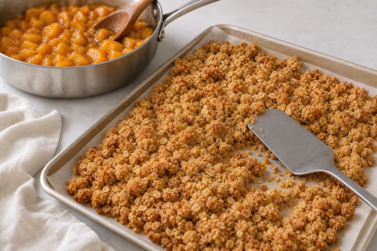 Bake the crumble for Peach Cobbler Ice Cream