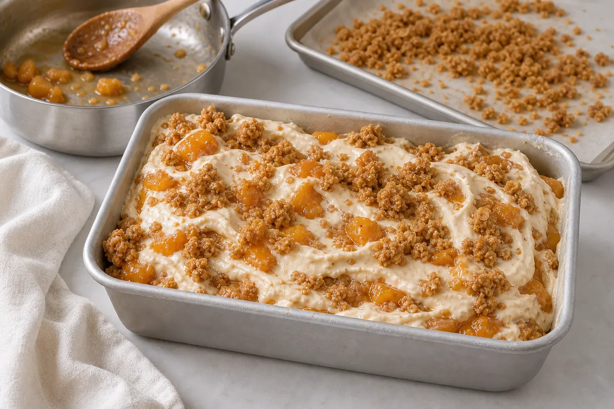 Layer the mix ins for Peach Cobbler Ice Cream