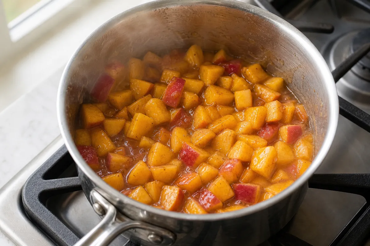Cook the peaches for Peach Cobbler Overnight Oats