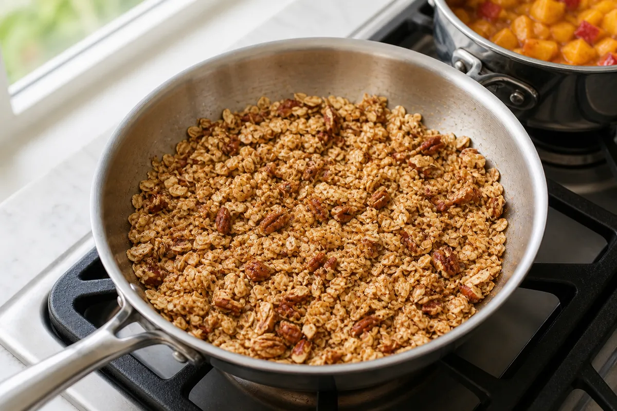 Toast the crumble for Peach Cobbler Overnight Oats