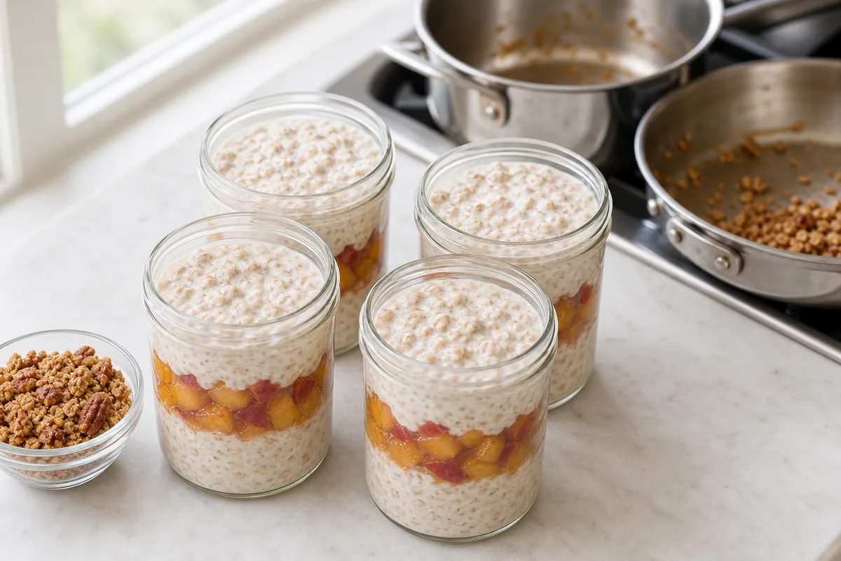 Assemble the jars for Peach Cobbler Overnight Oats