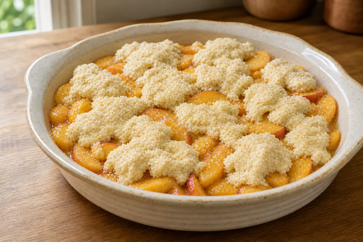 Top the peaches for Peach Cobbler