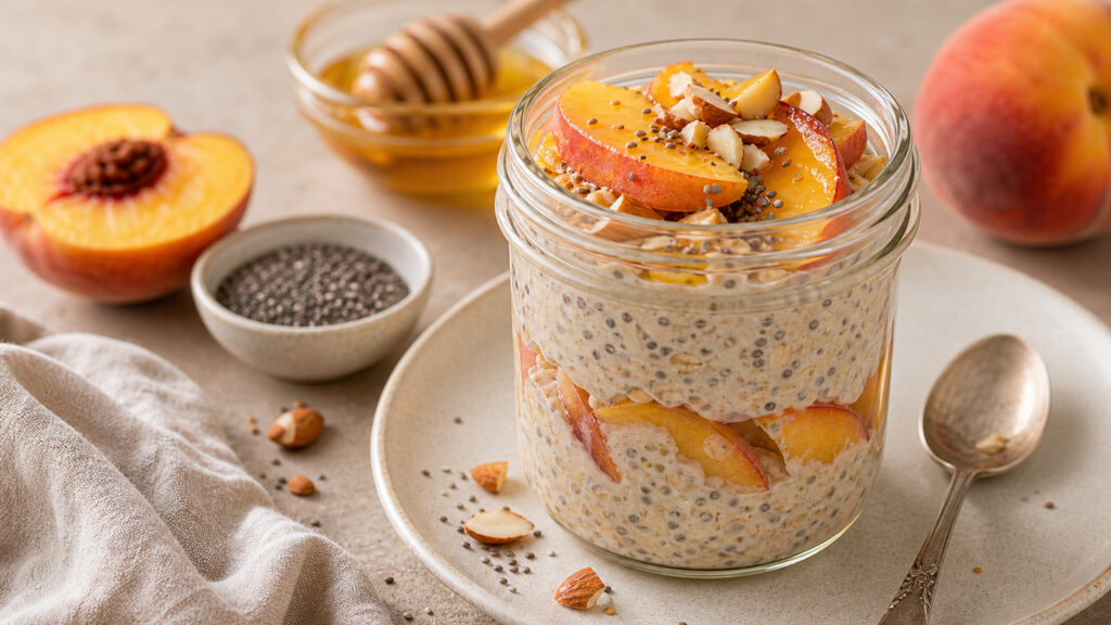 Peach Overnight Oats recipe served fresh with a beautiful homemade presentation