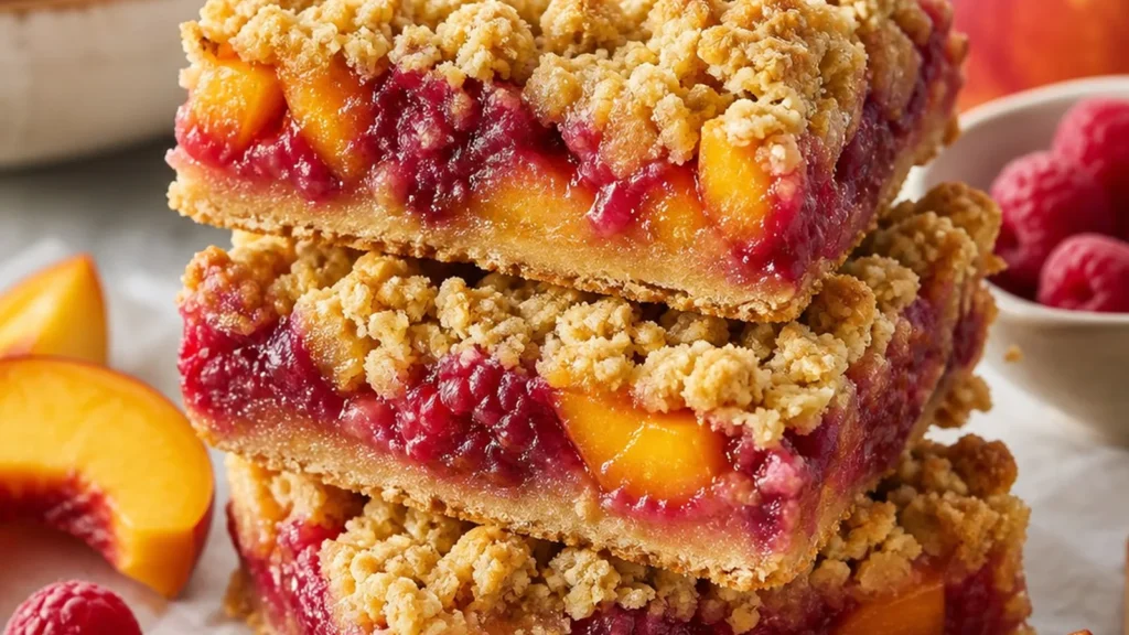 Finished Peach Raspberry Crumble Bars ready to serve