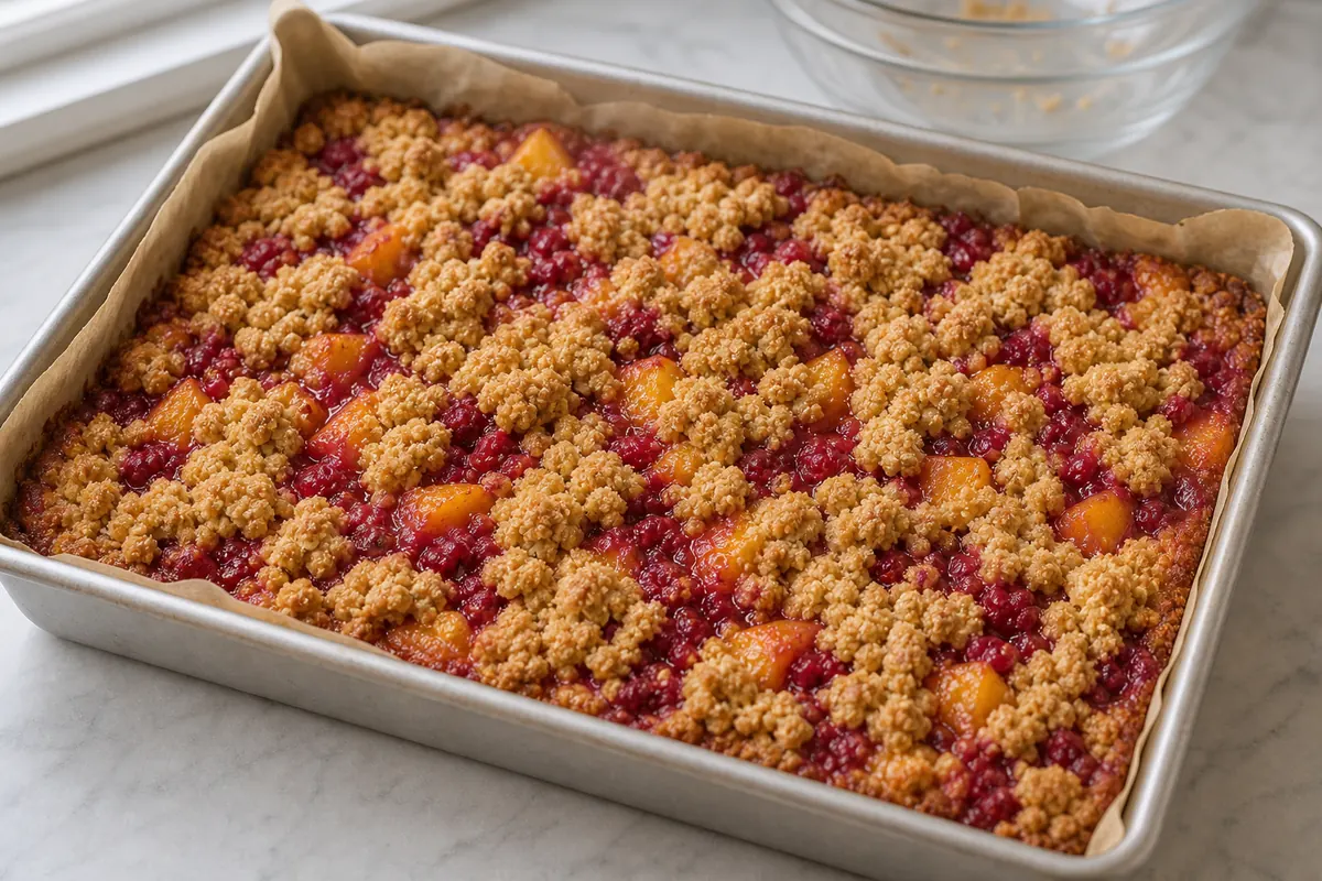 Assemble and bake for Peach Raspberry Crumble Bars
