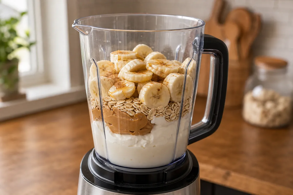 Load the blender for Peanut Butter Banana Smoothie