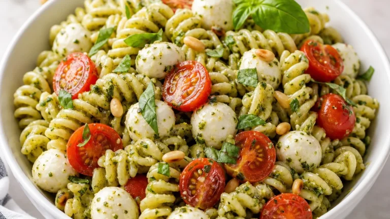 Pesto Caprese pasta salad with rotini, basil pesto, cherry tomatoes, mozzarella pearls, and fresh basil