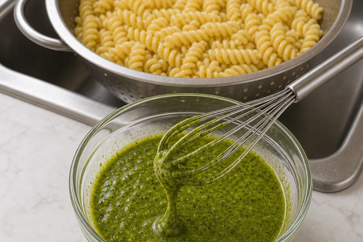 Make the dressing for Pesto Caprese Pasta Salad